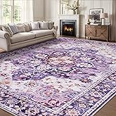 8x10 Area Rugs for Living Room, Machine Washable Vintage Rug, Non-Slip Low Pile Throw Rugs with Rubber Backing Washable Carpet for Bedroom Dining Room Kitchen Home Decor, Purple