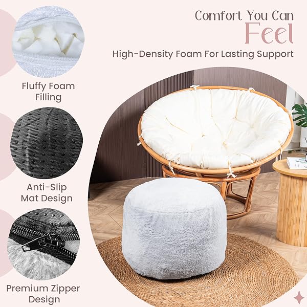 MUNIVO COZY PLUSH GREY POUF | LIVING ROOM OTTOMAN FOOTREST AT 20 X 15 INCHES | SOFT, NON-SHEDDING ROUND STOOL SOFA OTTOMAN WITH SUPPORTIVE FOAM FILLING | FOOT REST FOR COUCH