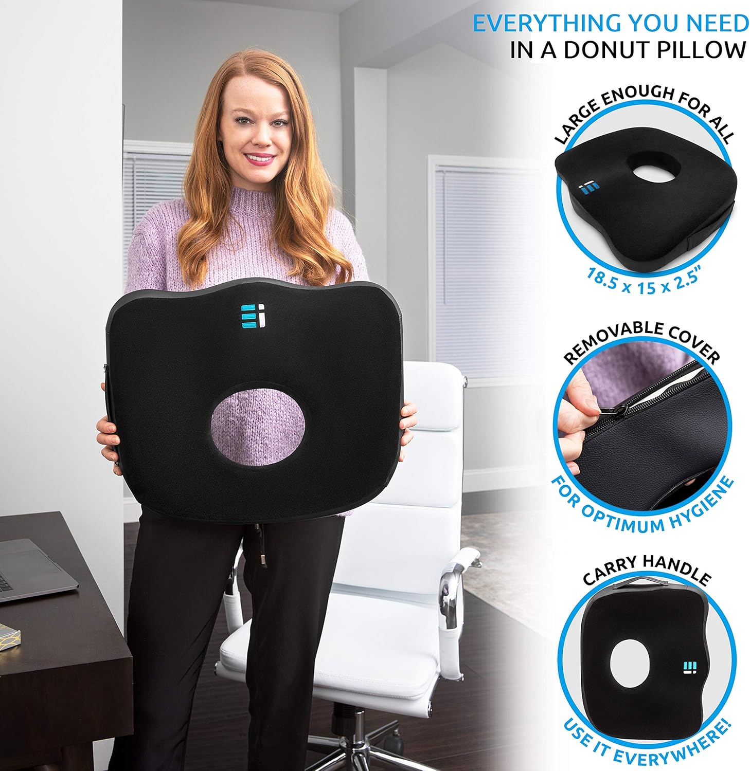 ERGONOMIC INNOVATIONS Orthopedic Donut Pillow: Memory Foam Chair Seat Cushion for Tailbone and Coccyx Pain, Sciatica, and Pressure Relief - Car, Desk, and Office Chair Pad Cushions and Pillows - Black: Home & Kitchen