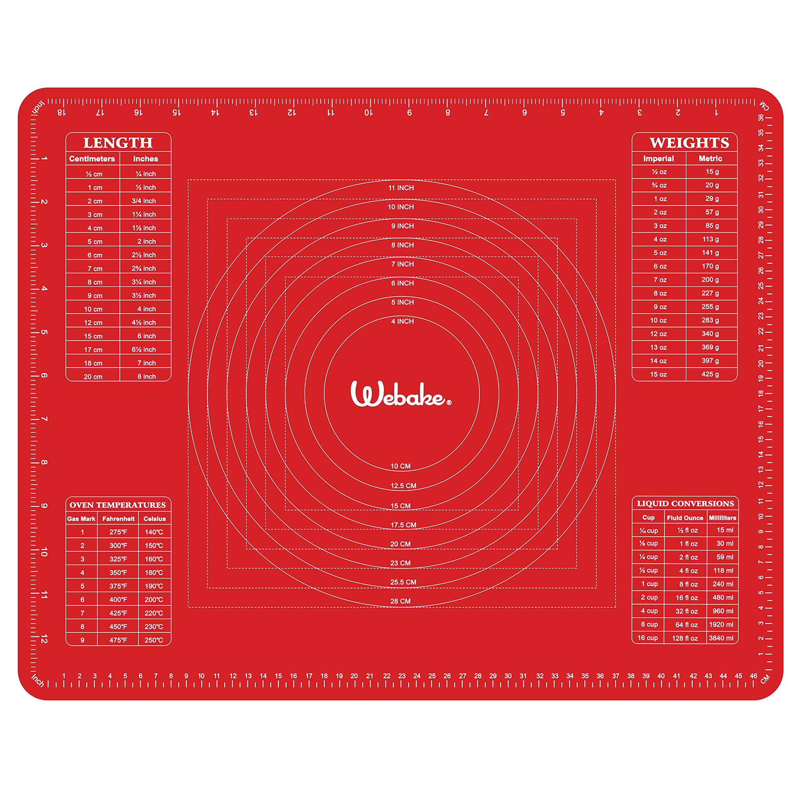 Webake Silicone Pastry Rolling Mat Non Stick Baking Mat with Measurement 50 x 40 cm Non-Slip Dough kneading Mats Counter Table Mat for Making Pie, Pizza, Cake, Cookies, Macarons, Bread, Red