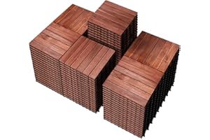 PrimeZone 108 PCS Solid Acacia Wood Interlocking Patio Deck Tiles - 12" x 12" Indoor Outdoor Waterproof Flooring Tiles for Balcony, Backyard, Garden & Poolside, All Weather Use, Brown