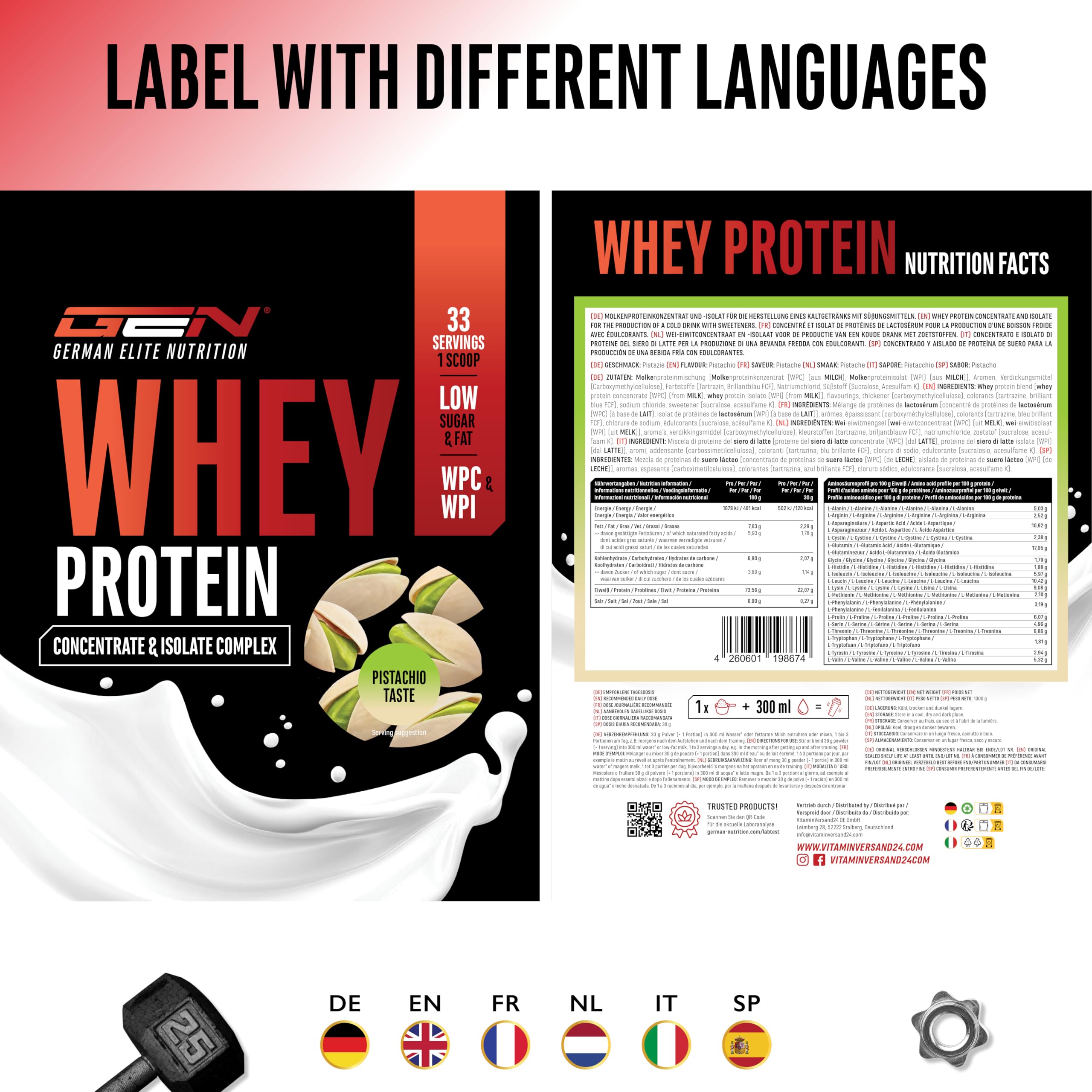 Whey Protein Pulver - 1000 g (Pistazie) - Mit Isolate Anteil - bis zu 22 g Protein pro Portion - Instant lösliches Eiweiß Protein Pulver mit BCAA & EAA 5