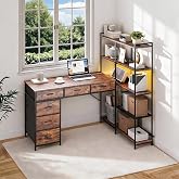Garvee L Shaped Gaming Computer Desk with 6 Fabric Drawers, Corner Gaming Desk with Open Shelves, Home Office PC Table with Power Outlets &amp; LED Lights, 58.3" l*54.3" h, Rustic Brown