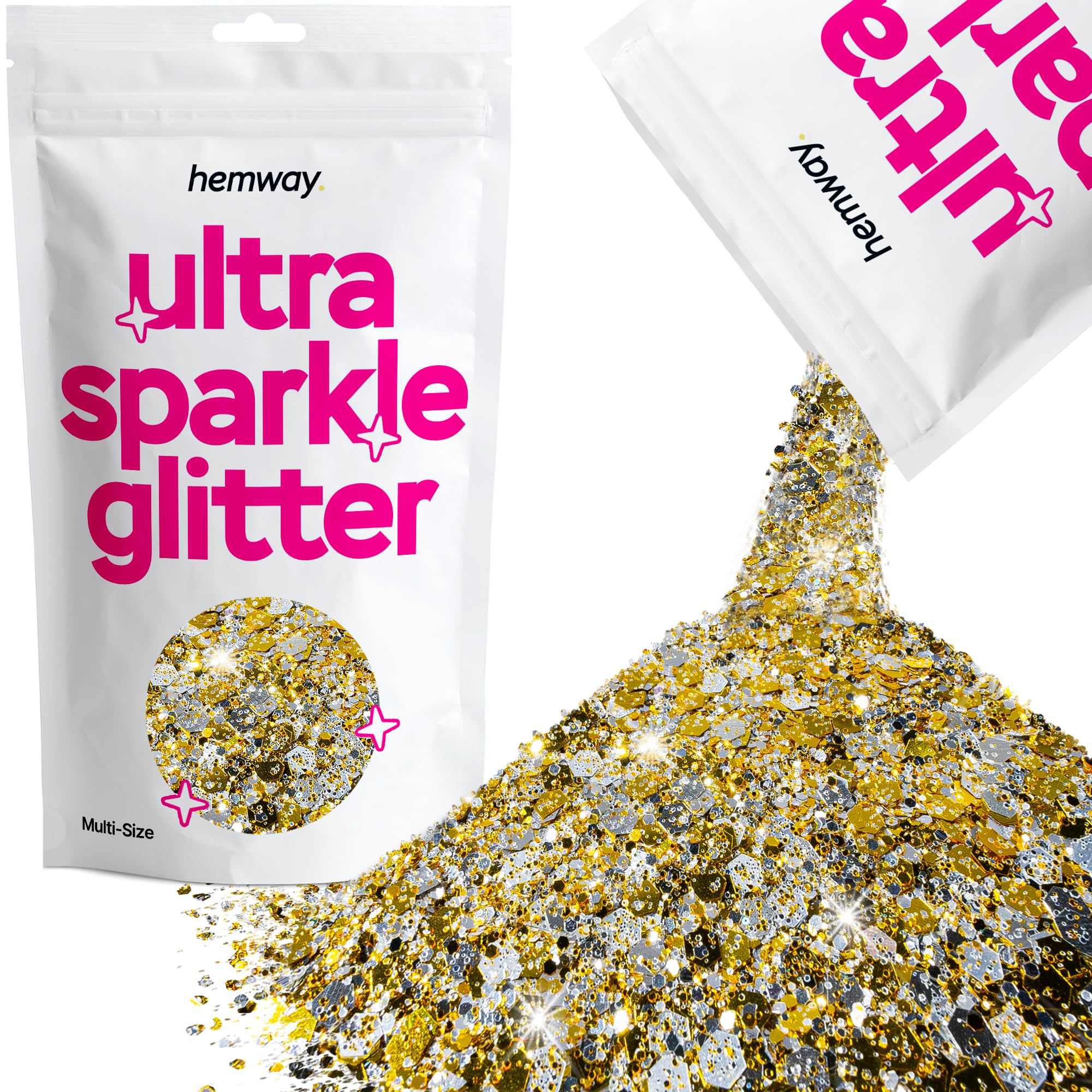 Hemway Ultra Sparkle Glitter Gold Silver 100g Multi Size | Glitter for Arts & Craft, Makeup, Nail Art, Crafting, Card Making, Sparkle Decoration