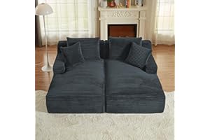 Keainvren Oversized Double Chaise Lounge Chair Indoor Fluffy Upholstered Corduroy Sofa Bed with Throw Pillows Comfy Sleeper Deep Seat Sectional Loveseat Sofa Couch for Living Room (Dark Gray)