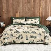 Wake In Cloud - Rustic Quilt Set, Cabin Forest Woodland Camping Theme with Lodge Mountain Print, Reversible Lightweight Bedspread Coverlet, 3 Pieces, Green Brown, Queen/Full Size