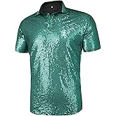 URRU Men's Relaxed Short Sleeve Turndown Sparkle Sequins Polo Shirts 70s Disco Nightclub Party Shirt Top