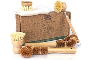 Jungle Culture® 6 Piece Natural Dish Brushes for Washing Up • Eco Dish Brush Kitchen Cleaning Set • Plant Based Coconut Scrubbers • Bottle/Pot Brush & Eco Friendly Scourer Sponge for Pans & Dishes