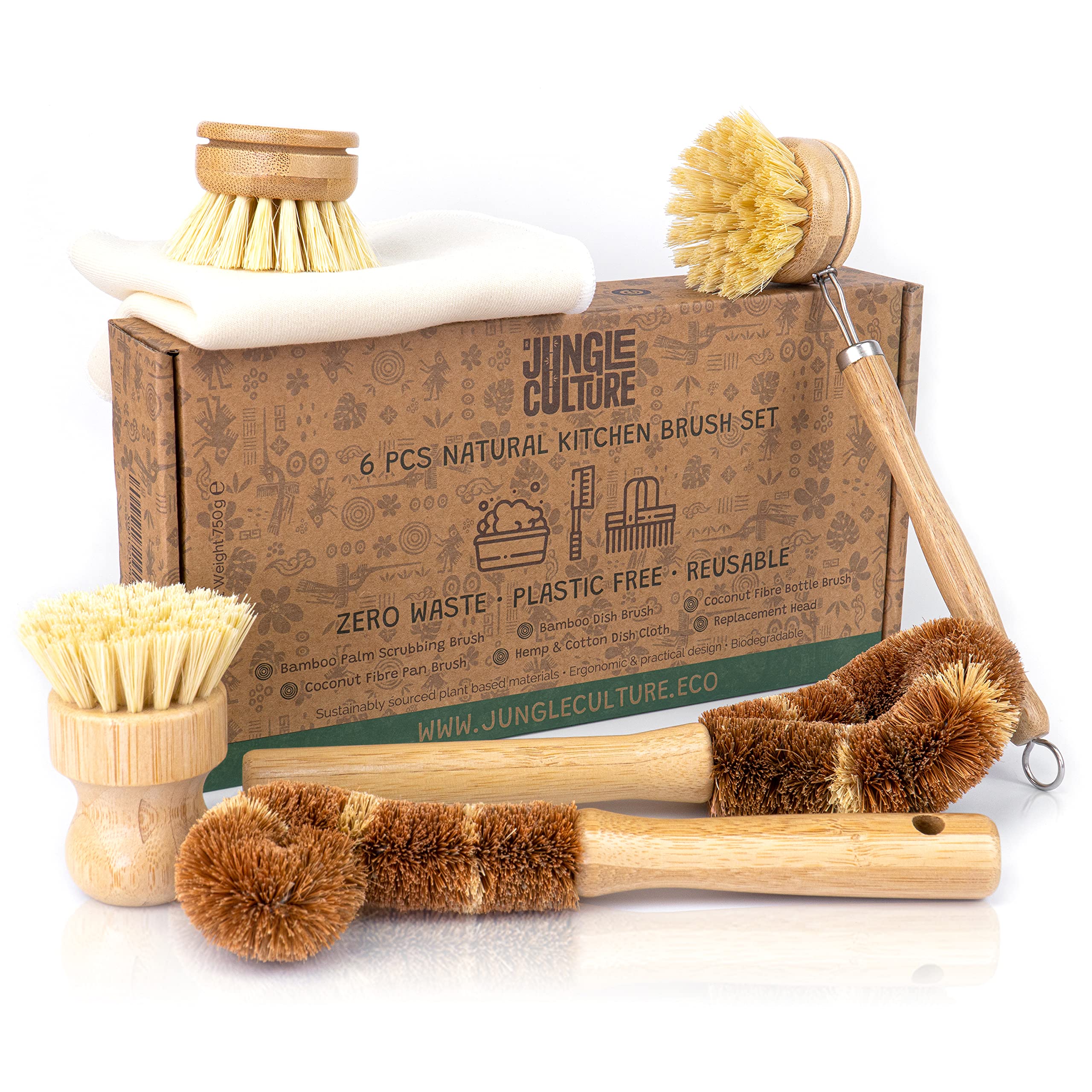 JUNGLE CULTURE 6 Piece Wooden Washing Up Brush Set • Bamboo Dish Cleaning Brushes for Kitchen • Plant Based Eco Pot Scrubbers • Bottle Brush & Eco Friendly Scourer Sponge for Pans & Dishes