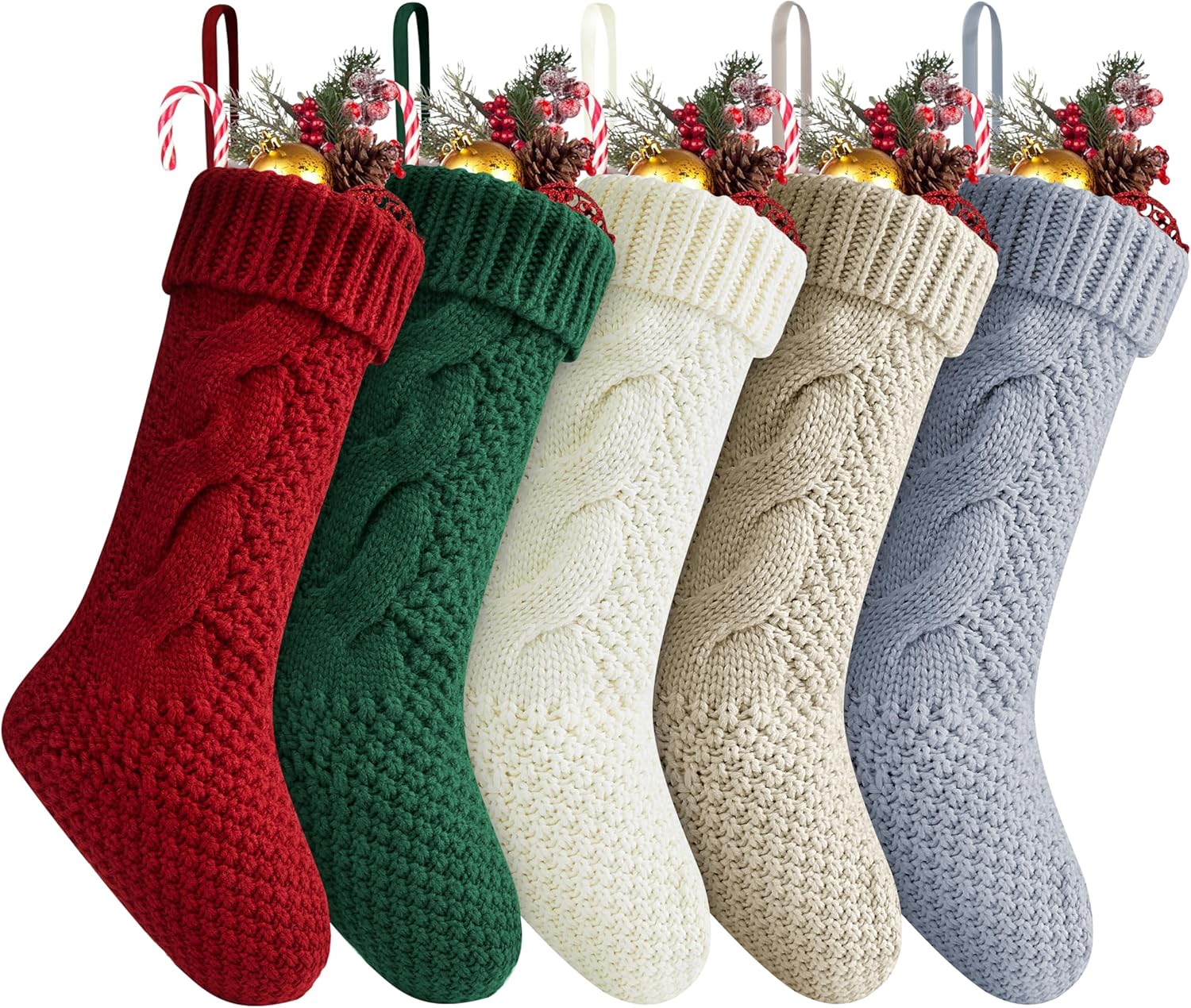 Stockings & Holders - Fesciory Christmas Stockings 5 Pack, 18 Inches Large Size Twist Knitted Stockings Gifts for Xmas Family Holiday Party Decorations, Burgundy&Ivory White&Green&Khaki&Grey