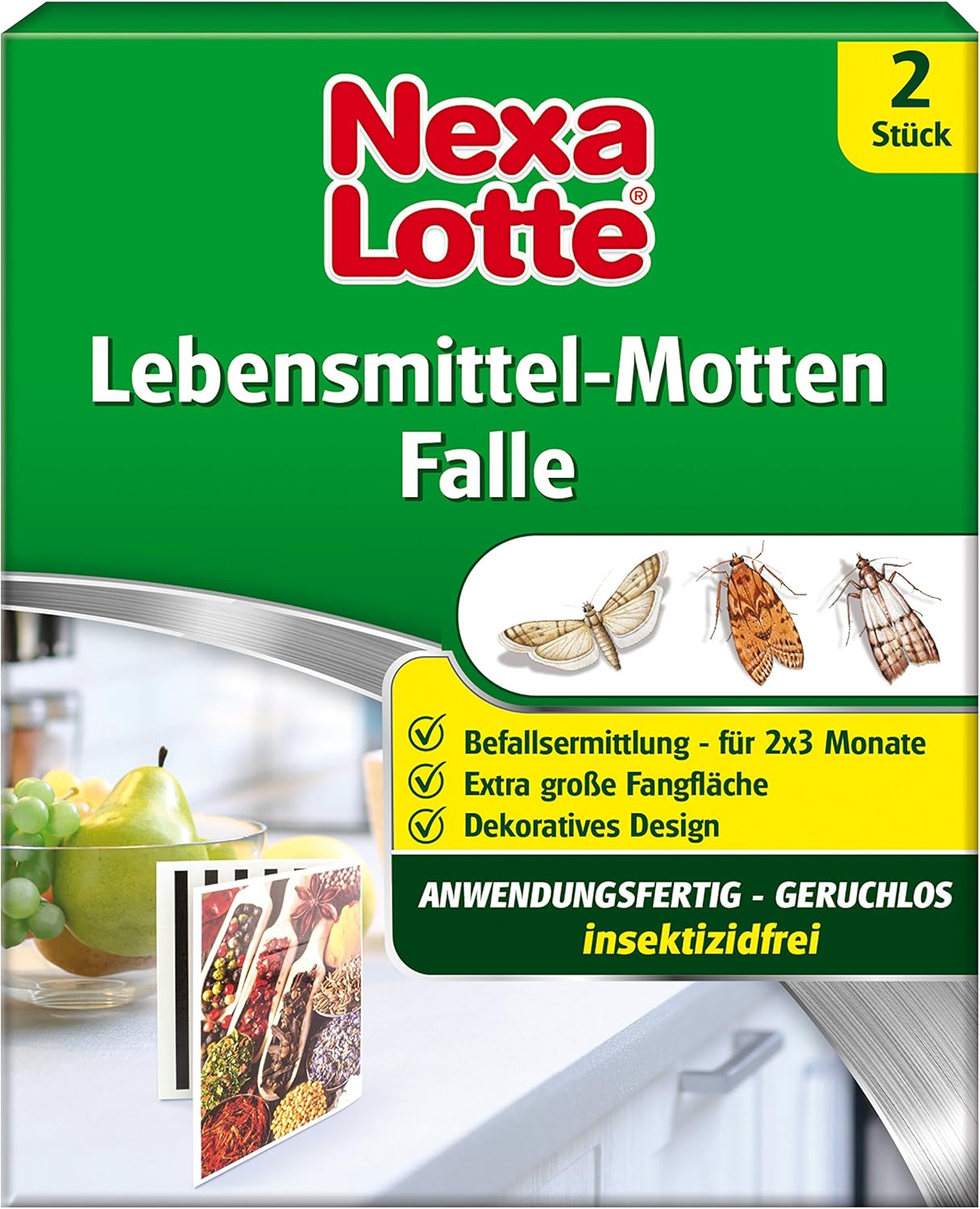 Nexa Lotte Lebensmittel-Motten Falle, Mottenbekämpfung, Anwendungsfertige, insektizidfreie Falle zum erfolgreichen Abfangen von Nahrungsmittelmotten in Küchen und Vorratsräumen, 2 Fallen