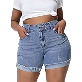 Gocolloa Womens Plus Size Jean Shorts High Waisted Stretchy Ripped Frayed Folded Hem Denim Shorts