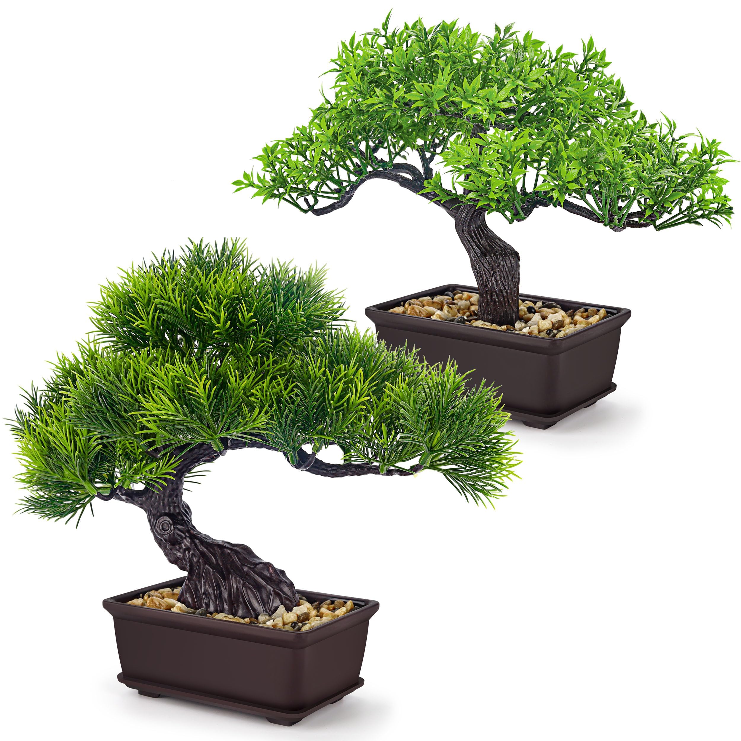 Photo 1 of Der Rose 2Pcs Small Fake Plants Artificial Bonsai Tree Set Ficus and Cedar for Office Desk Shelf Room Home Zen Decor Indoor