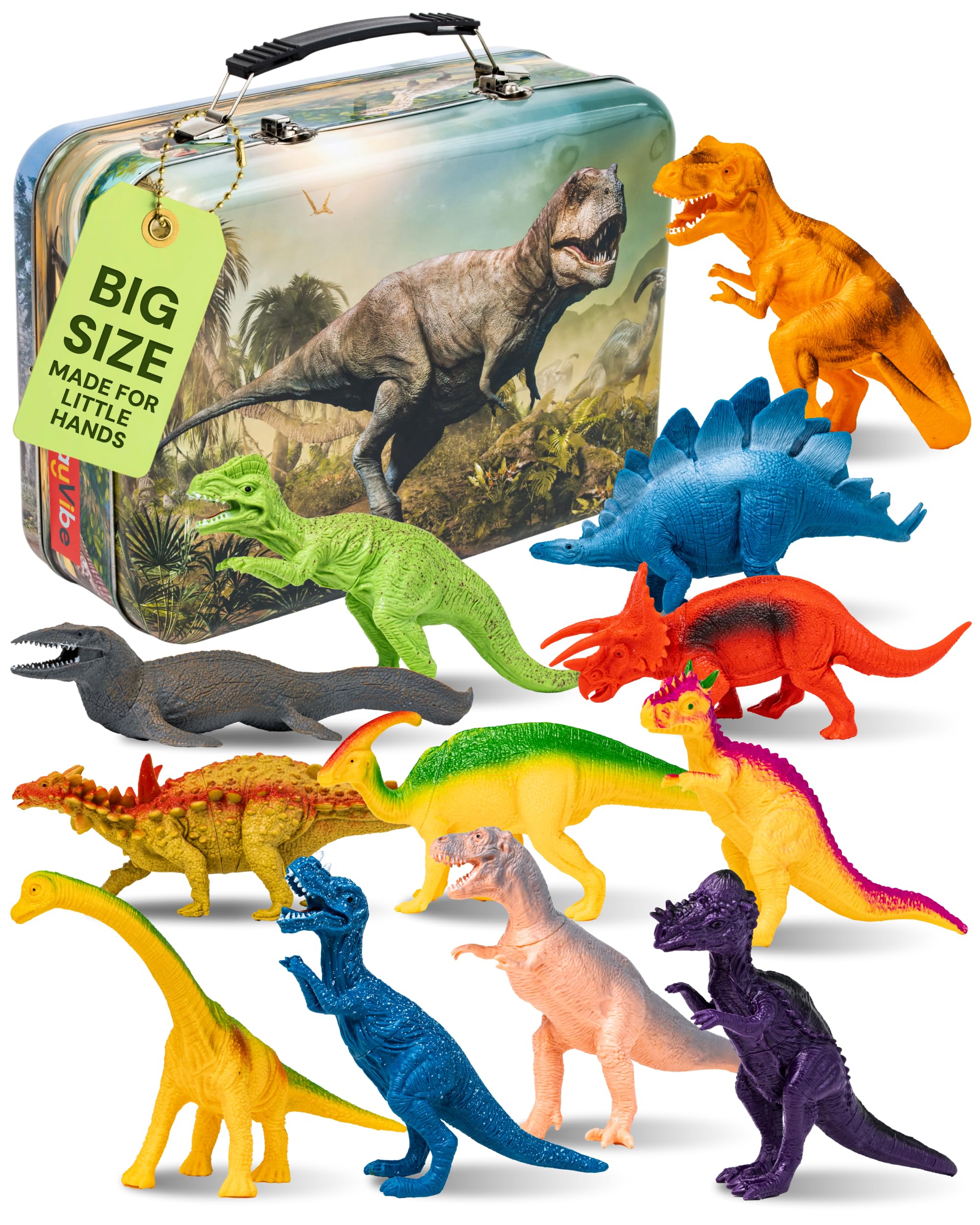 PLAYVIBE Dinosaur Figurines - Realistic 12-Piece Dinosaur Set with Metal Storage Box - for Boys & Girls Image