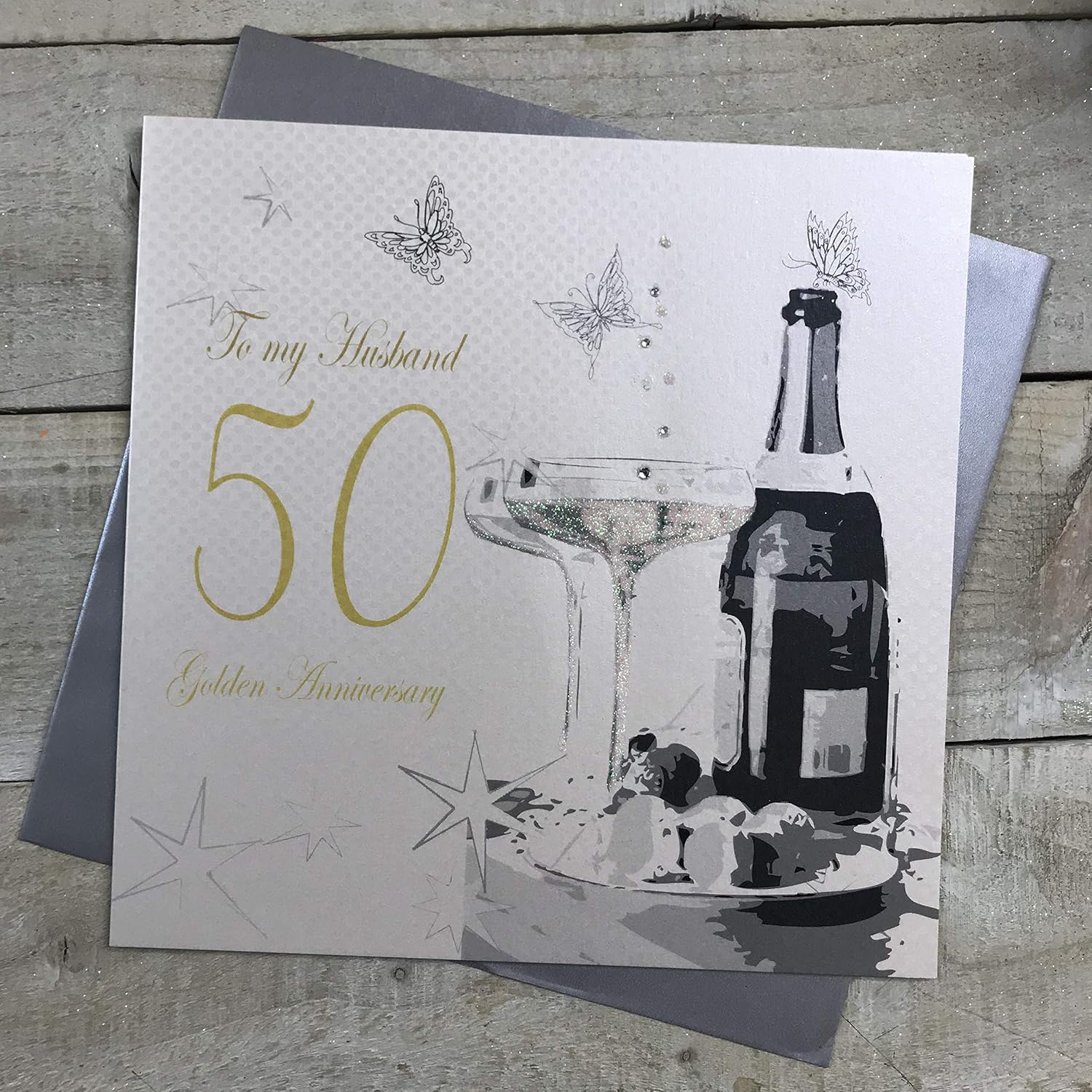 white cotton cards Large to My Husband Golden Wedding, Handmade 50th Anniversary Card, White, XLBD50H, 22cm x 22cm