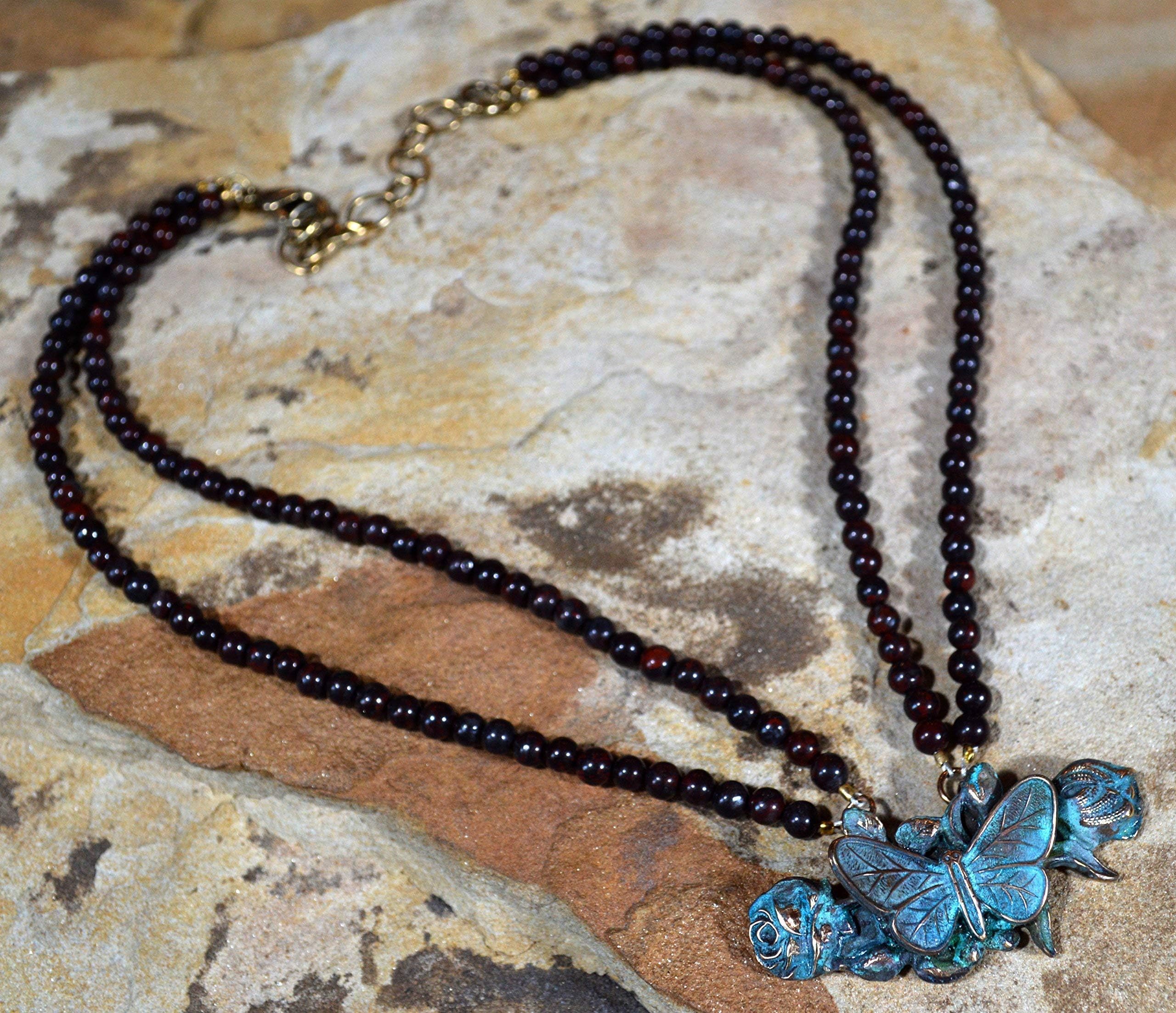 Elaine Coyne Patina Zen Garden Sculptural Butterfly on Roses Dual Strand Wearable Art Necklace - Jasper