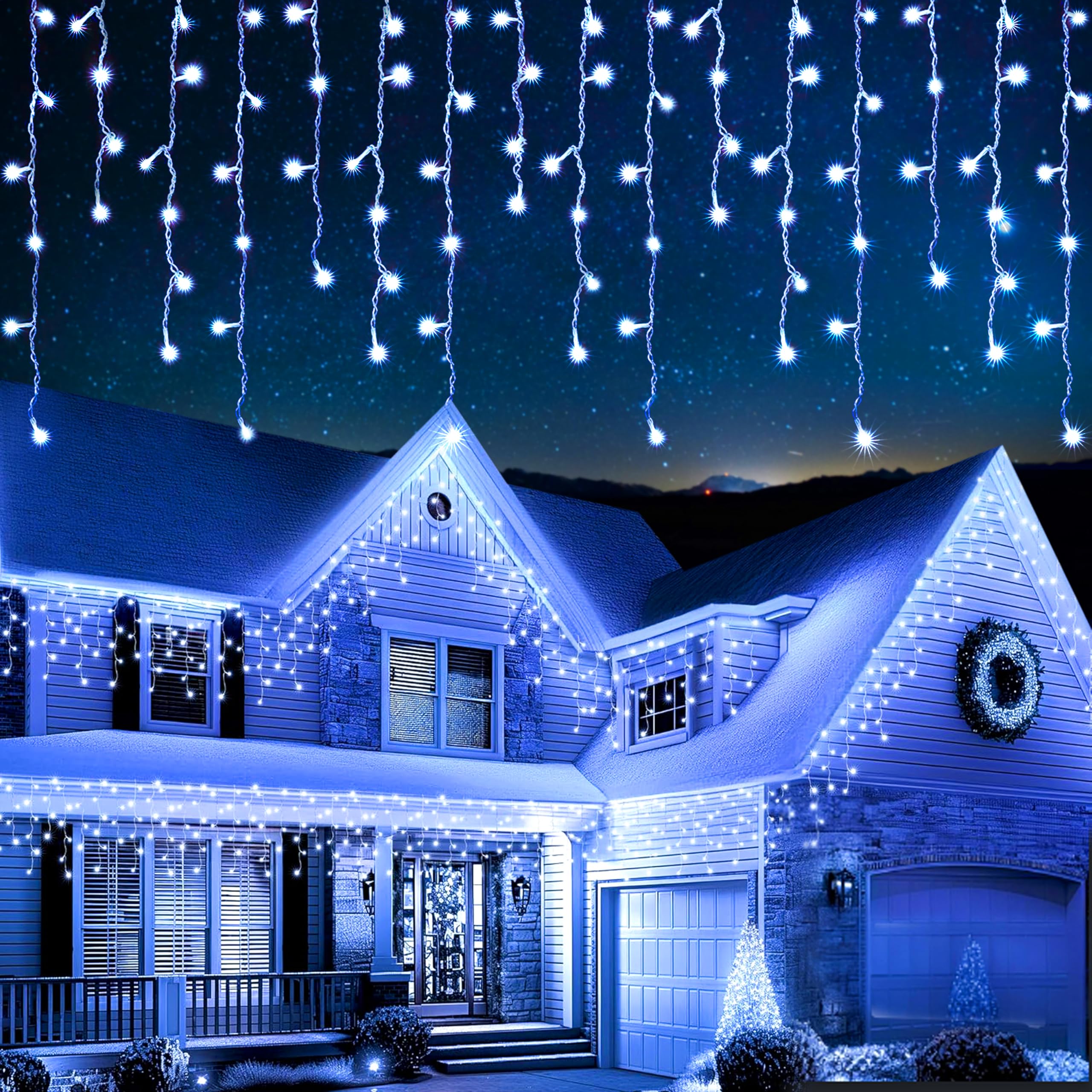 EcoNour Icicle Lights Outdoor Christmas Lights 360 LED 10M Cool White Decorations String Fairy Lights with Timer for Xmas Garden & Party | Mains Powered Clear Cable