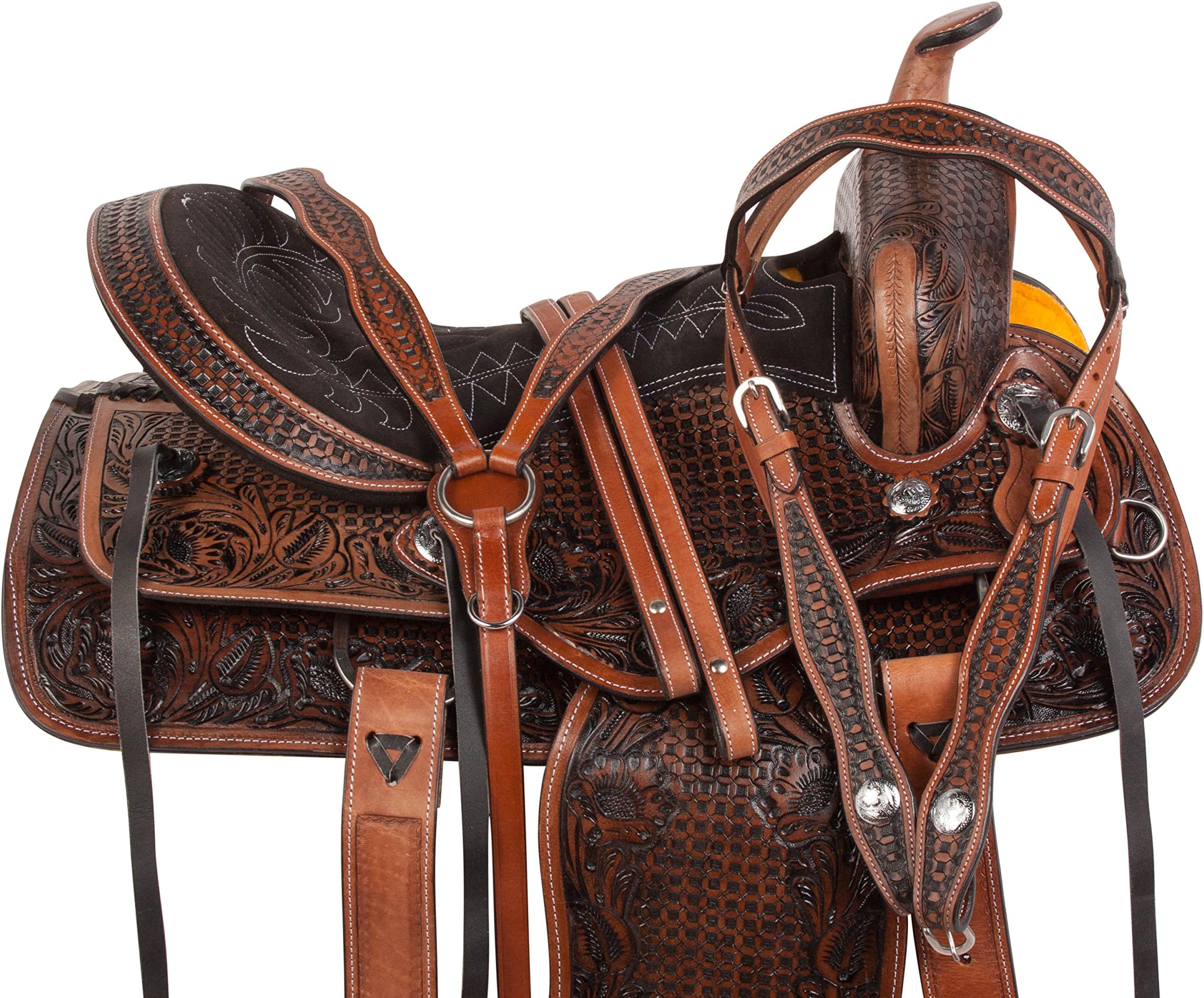 14 15 16 17 18 Pleasure Trail Western Barrel Racer Leather Horse Saddle Hand Tooled Headstall REINS Breast Collar