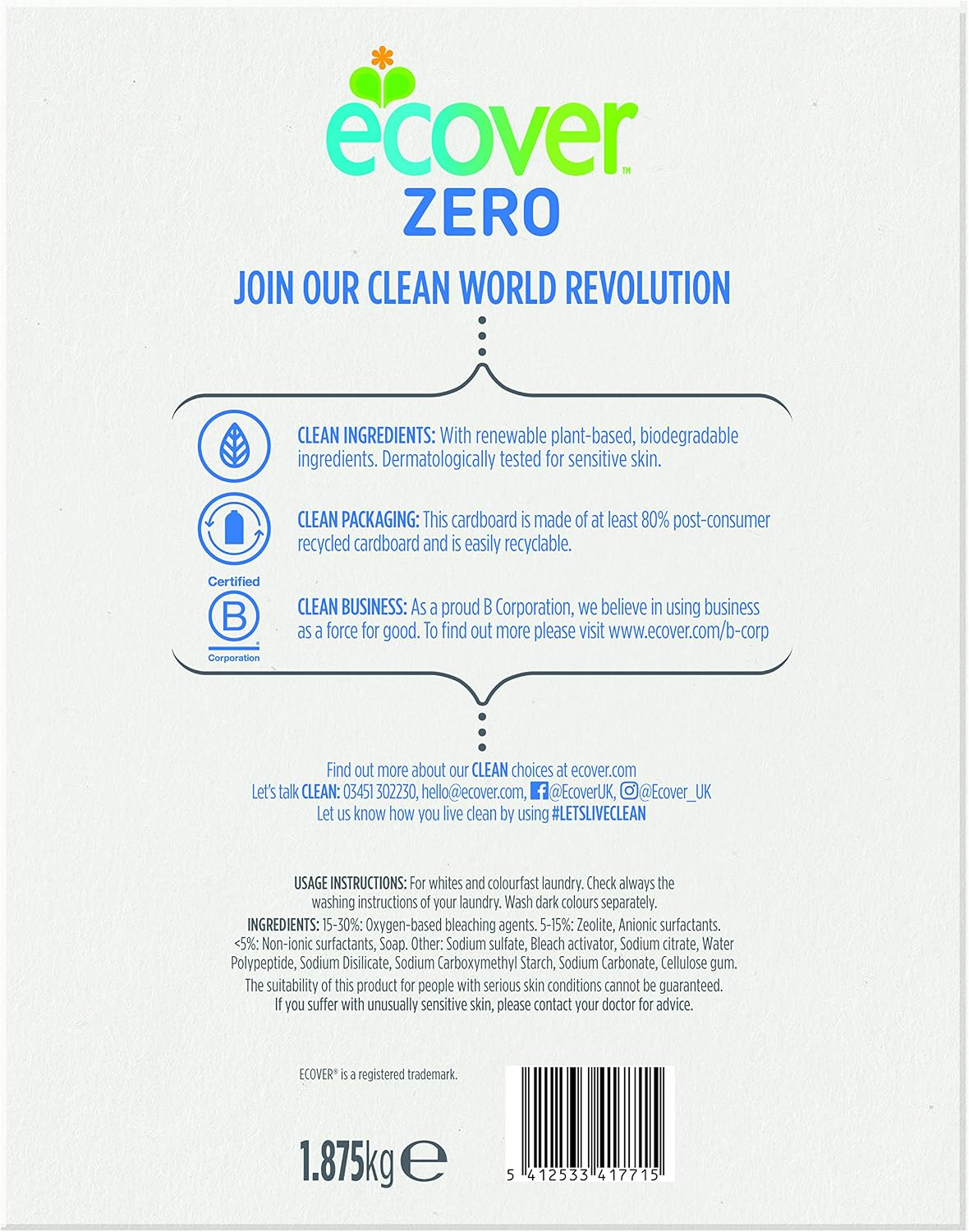 Ecover Zero Non-Bio Laundry Detergent Powder, for Sensitive Skin Laundry Washing Detergent for Baby Laundry 1 x 25 Wash, 1 x 1.8Kg - Image 3