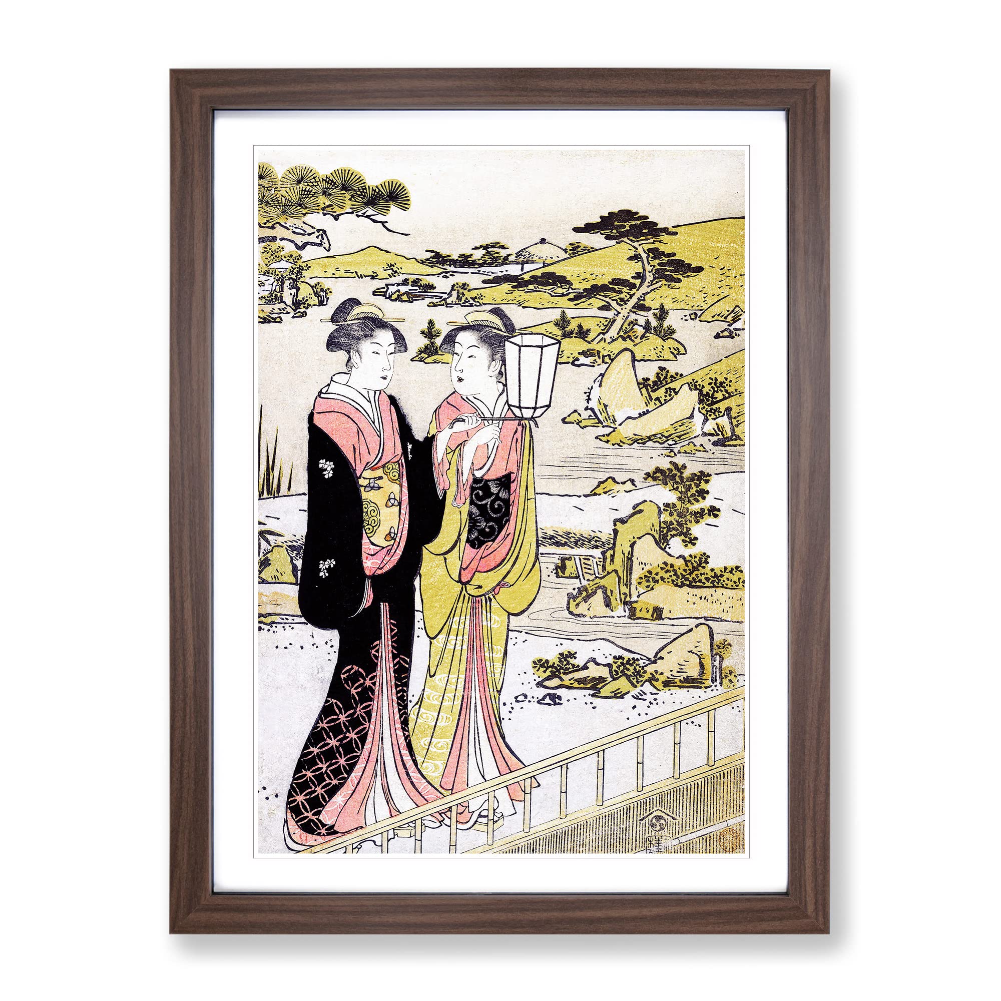 Two Women In A Garden By Torii Kiyonaga Asian Japanese Framed Wall Art Print, Ready to Hang Picture for Living Room Bedroom Home Office Décor, Walnut A3 (34 x 46 cm)