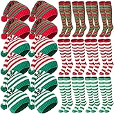 Maiteenly 24 Pcs Christmas Winter Knitted Hats with Pompom Socks Set for Adults Christmas Costume Accessories Red and Green Xmas Beanie Striped Winter Socks Bulk for Women Men