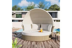 IBRACCIENI Outdoor Round Sofa Set - Patio Stylish Wicker Rattan Daybed with Retractable Canopy, Cushions and Pillows, Convertible Sunbed Loveseat Furniture Set for Garden Backyard Lawn Porch Poolside, Beige