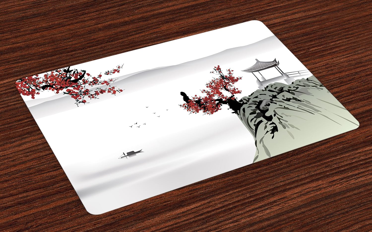 Ambesonne Asian Place Mats Set of 4, River Scenery with Cherry Blossoms Boat Cultural Hints Mystical View, Washable Fabric Placemats for Dining Room Kitchen Table Decor, Ruby Grey