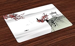 Ambesonne Asian Place Mats Set of 4, River Scenery with Cherry Blossoms Boat Cultural Hints Mystical View, Washable Fabric Placemats for Dining Room Kitchen Table Decor, Ruby Grey