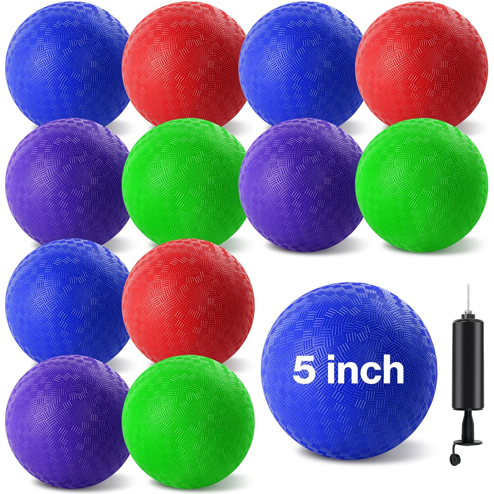 Photo 1 of HSLCGF 12 Pcs Dodgeballs 5 Inch Kickball Playground Ball 4 Colour Inflatable Rubber Handball Dodge Ball with 1 Hand Pump for Outdoors Ball Games Gym Camps Picnic (Needle is at The Top of The Pump)