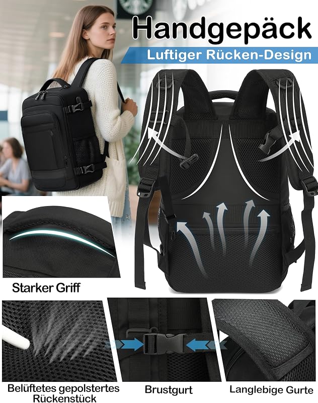 Handgepäck Rucksack 40x30x20 cm Ryanair EasyJet 24L Laptop Travelite Reiserucksack für Flugreisen Schwarz