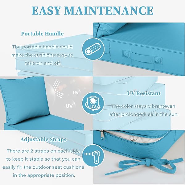 KIMUNUK OUTDOOR SEAT CUSHION SET 22 L × 24 W × 5 H INCH WATERPROOF & FADE RESISTANT PATIO FURNITURE CUSHIONS WITH REMOVABLE COVER WITH HANDLE AND STRAPS FOR SOFA CHAIRS, CHAIRS, LAKE BLUE