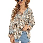 Vogebund Women's Floral Boho Tunic Tops Casual Long Sleeve Loose Beach Blouses Self-Tie V Neck T Shirts