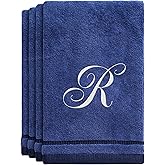 Creative Scents Navy Blue Monogrammed Towels with Initials - 4 Pack Super Absorbent Bathroom Fingertip Cotton Towel with Soft Velour Finish - Personalized Gifts for Freinds & Family 11"x18" Initial R