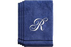 Creative Scents Navy Blue Monogrammed Towels with Initials - 4 Pack Super Absorbent Bathroom Fingertip Cotton Towel with Soft Velour Finish - Personalized Gifts for Freinds & Family 11"x18" Initial R