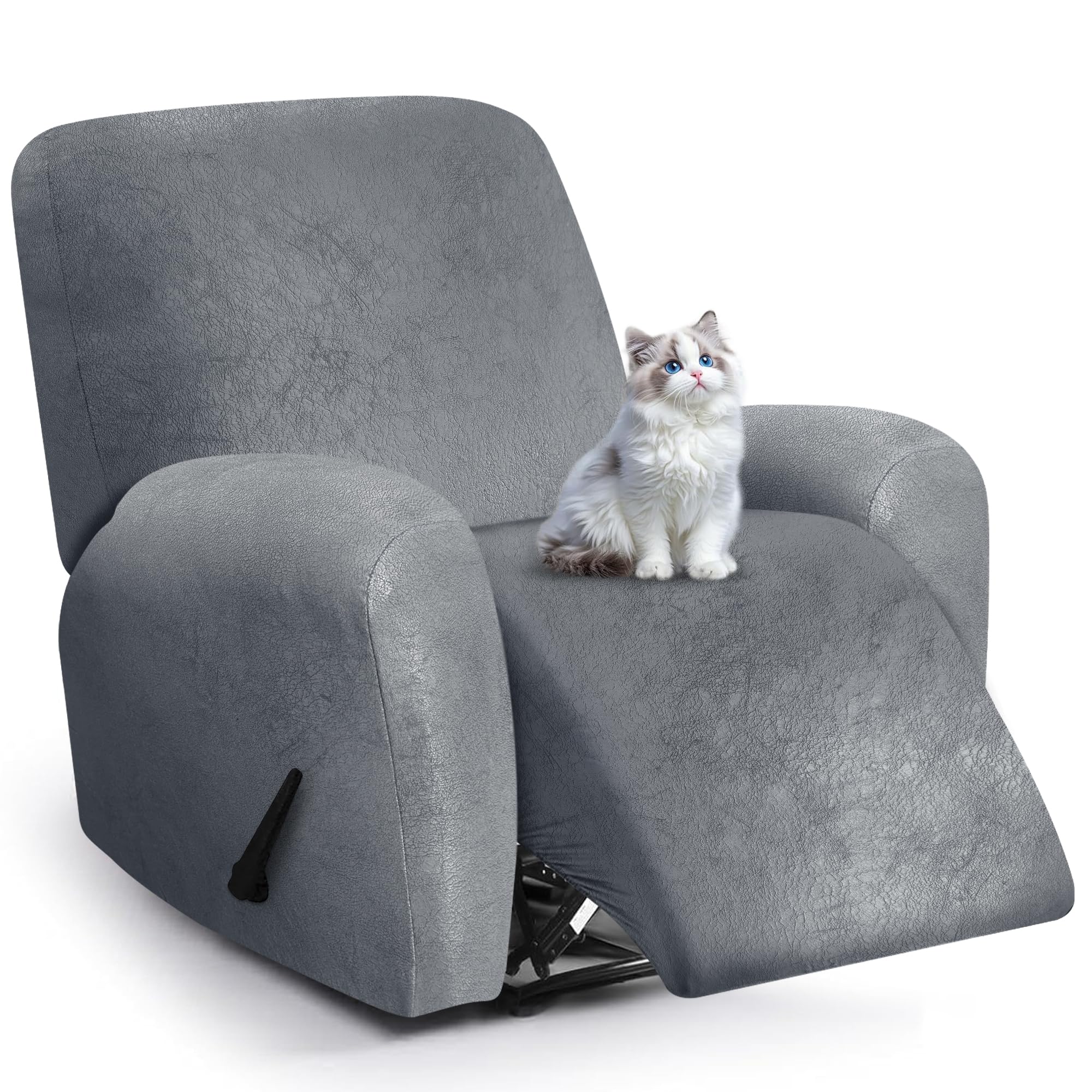 ANARACHON Leather Look Recliner Chair Covers, 4-Pieces Stretch Recliner Cover, Soft Reclining Chair Slipcover, Washable Furniture Protector for Lazy Boy Recliner (1 Seater, 08 Grey)