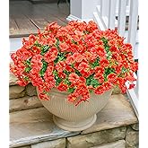 Artificial Flowers for Outdoors Fake Plants Spring Summer Decor, 12 Bundles Orange Silk Morning Glory with Eucalyptus Look Real UV Resistant Faux Flowers for Outside Planters Front Door Yard Indoor