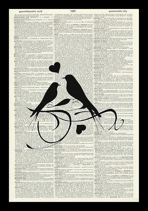 Amazon アートプリント ラブバード アートプリント ウェディングアートプリント シルエットアートプリント ラブアートプリント イラスト 白黒 ギフト ビンテージ辞書アートプリント 壁掛けブックプリント A3 16x12インチ アートフレーム ポスター