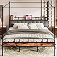 LIKIMIO Canopy Bed Frame King, Storage Headboard with Charging Station, Platform Bed with 4 Removable Sturdy Posts, Noise Free, No Box Spring Needed, Vintage Brown