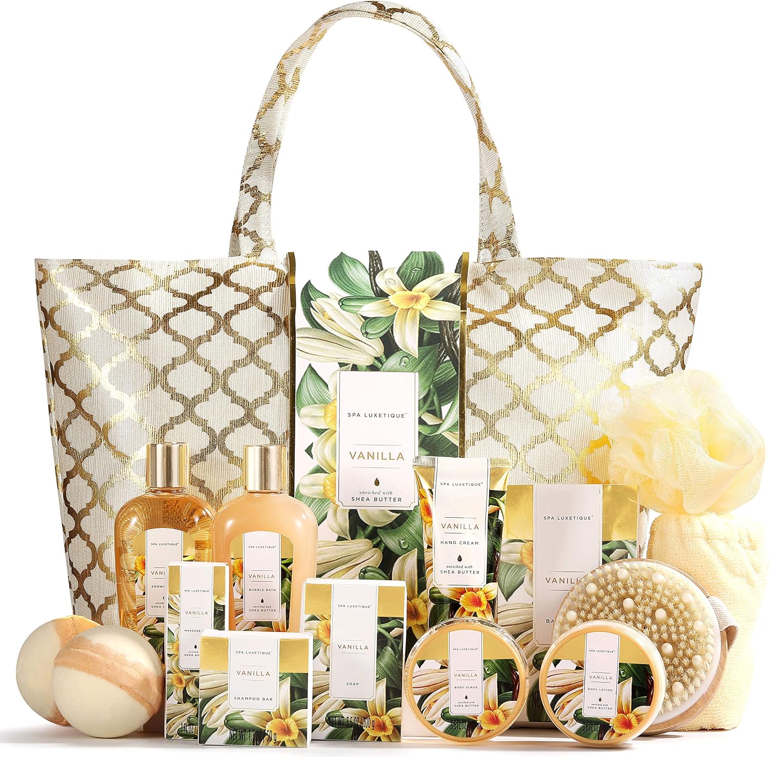Spa Luxetique Bath Sets for Women Gift 15pcs Vanilla Spa Gift Sets with Bubble Bath, Body Scrub