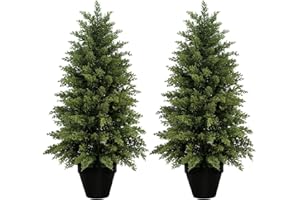 MAVIS'S DIARY 3ft Artificial Cedar Trees for Outdoors Planters Set of 2 Topiary Trees Artificial Outdoor Indoor Realistic Faux Cedar Tree for Home Front Porch Office Entryway Decor