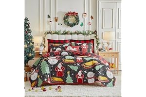 UOZZI BEDDING Christmas Quilt Set Queen Size 88x88 - Black Santa Claus Snowman Sled Green Trees with Red Plaid - Xmas New Year Gingham Style Microfiber Winter Bedding Coverlet Thanksgiving Holiday Bedspread