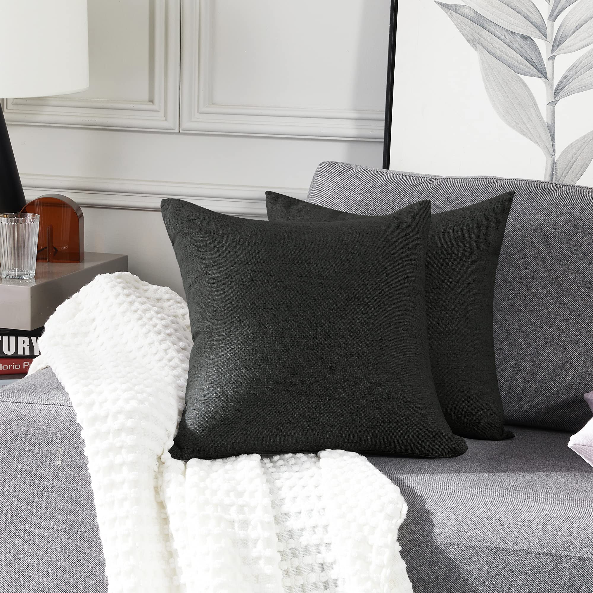 Deconovo Dark Grey Cushion Covers Faux Linen, Texture Throw Pillow Cases, Square Pillow Cover for Bedroom with Invisible Zipper, 20x20 Inch, Set of 2