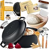 Crovora Pre-Seasoned Cast Iron Dutch Oven for Bread Baking with Skillet Lid - Incl. Sourdough Bread Baking Supplies like Banneton Bread Proofing Basket, 5QT Cast Iron Bread Pan, Bread Oven