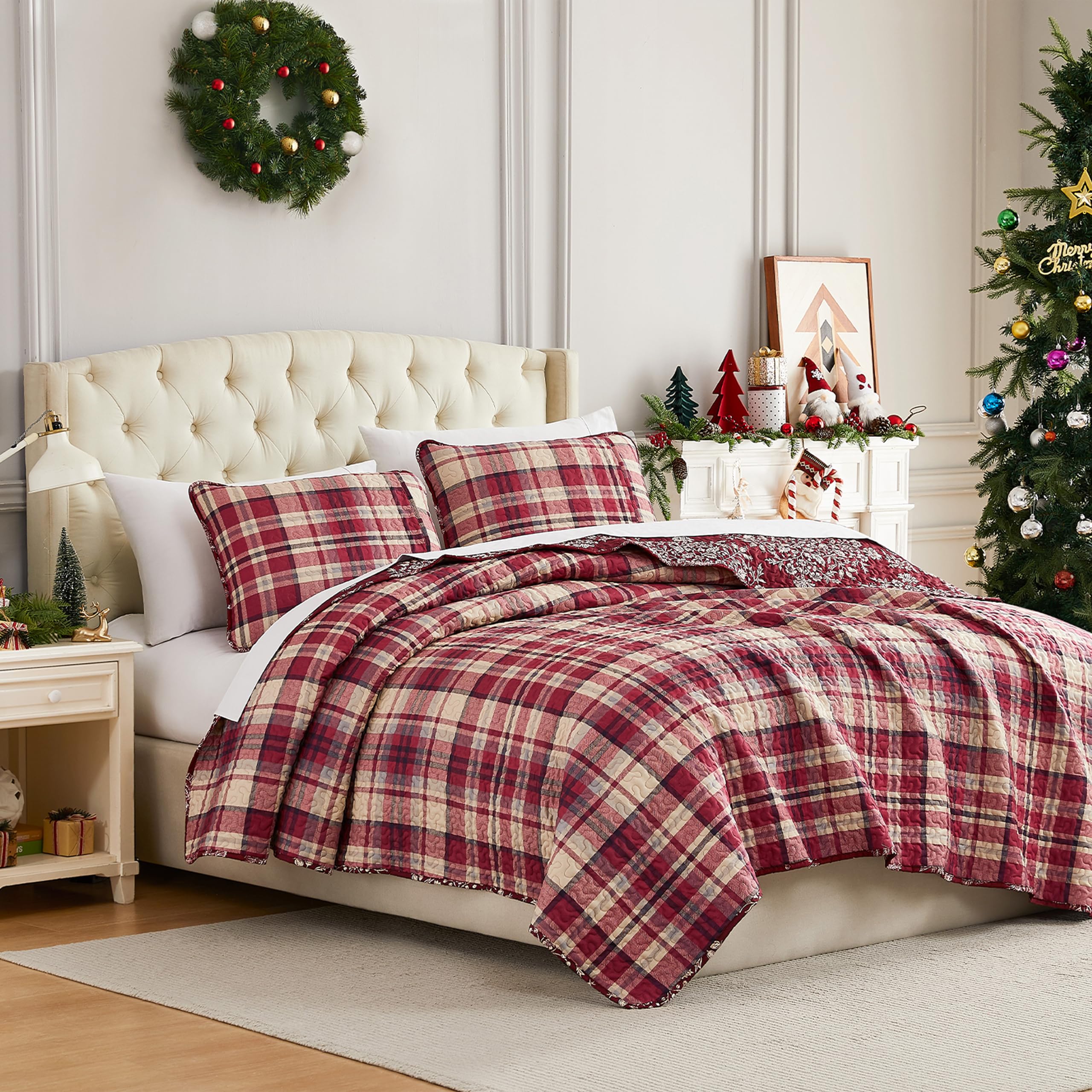 Southshore Fine Living Christmas Quilt Twin XL Bedding Set, Reversible Farmhouse Christmas Bedding Coverlet, Twin XL Bedspread - Red Plaid Image