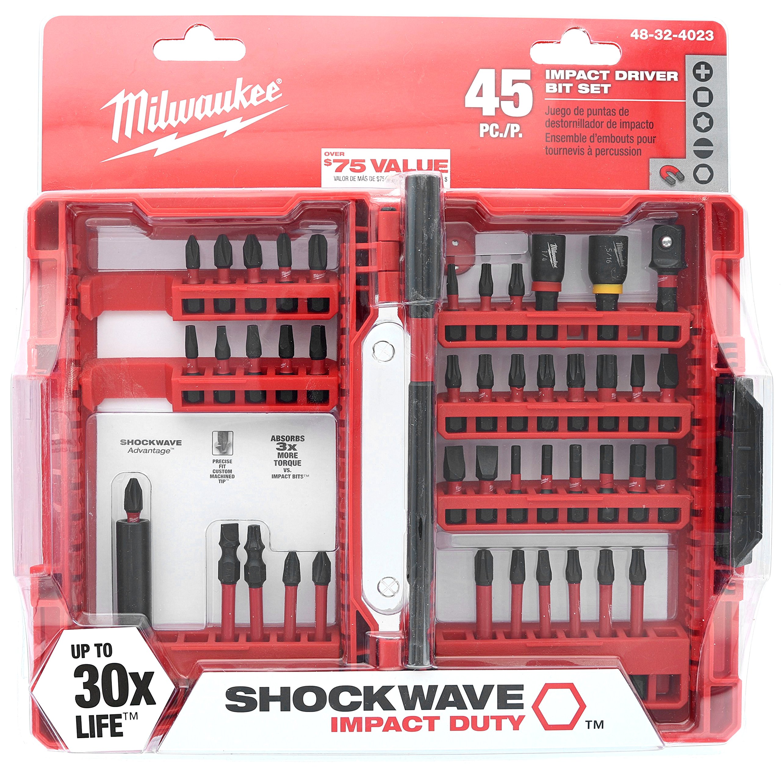Milwaukee 48-32-4023 Shockwave Impact Duty 45 Piece Heavy Duty Driver Bit Set w/ Hex, Phillips, Square, and Slotted Bits