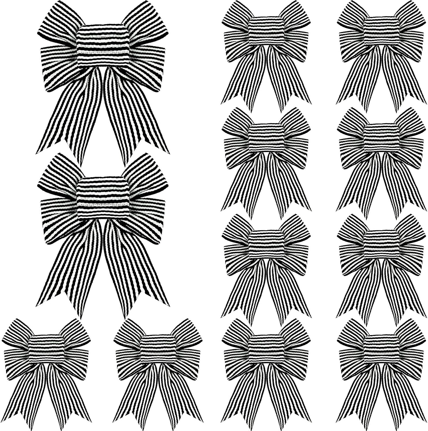 Bows & Ribbons - 12 Pieces Christmas White Black Striped Present Bows Burlap Wreaths Bows Farmhouse Buffalo Plaid Bow for Christmas Wreaths Tree Topper Home Crafts Decoration Supplies 5 x 5 inches (Thin Stripe)