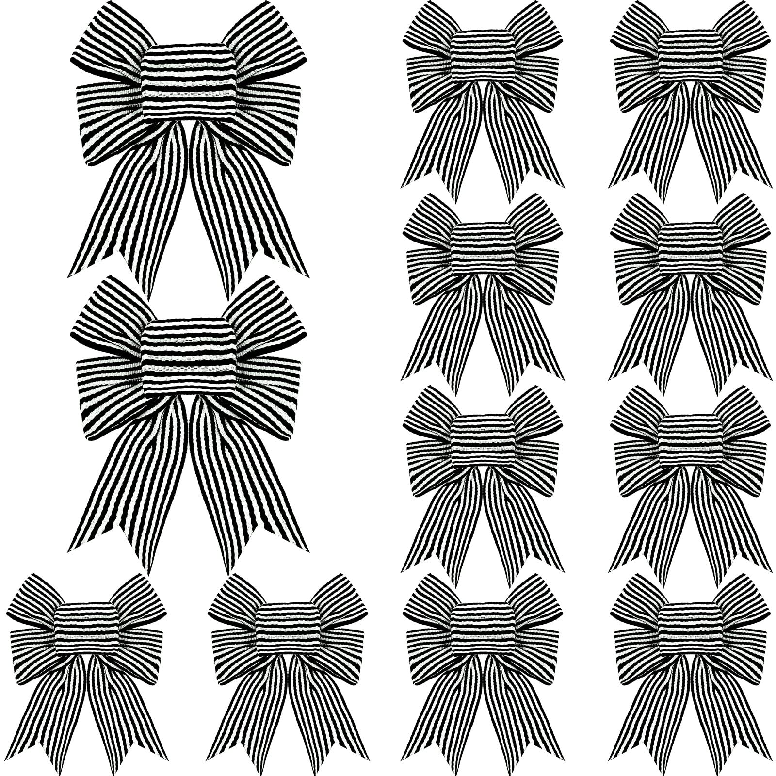 Photo 1 of 12 Pieces Christmas White Black Striped Present Bows Burlap Wreaths Bows Farmhouse Buffalo Plaid Decor for Christmas Wreaths Tree Topper Home Crafts Decoration Supplies 5 x 5 Inches (Thin Stripe)