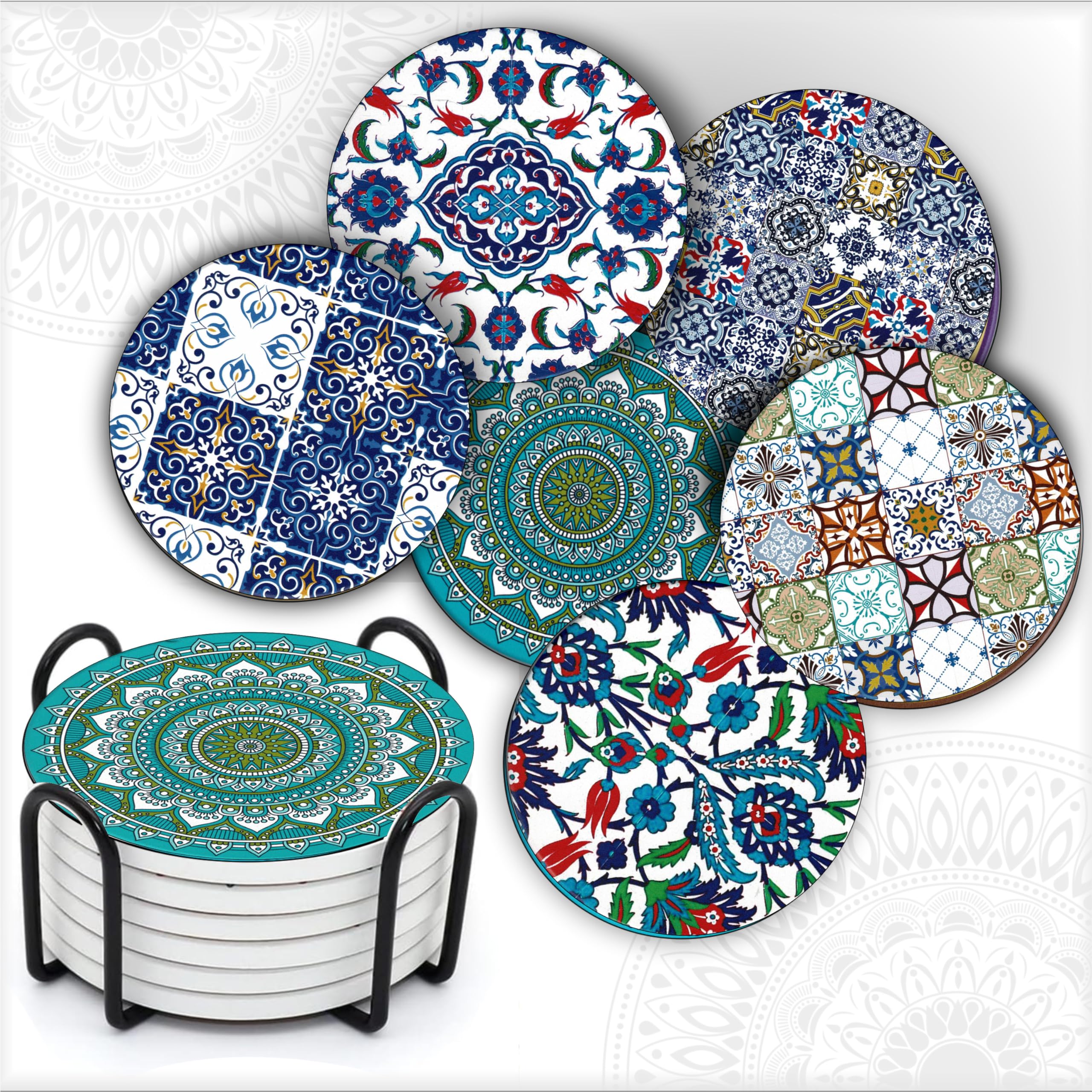 MALANGI Drink Coasters Set of 6 With Stand - Ceramic Turkish Coasters - Absorbent Giftable Coaster - Non-Scratch Top & Non-Slip Cork Base (Style 5 with stand)