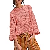 Zontroldy Women's Crewneck Lantern Sleeve Boxy Cable Knit Sweater Cropped Pullover Sweaters Jumper