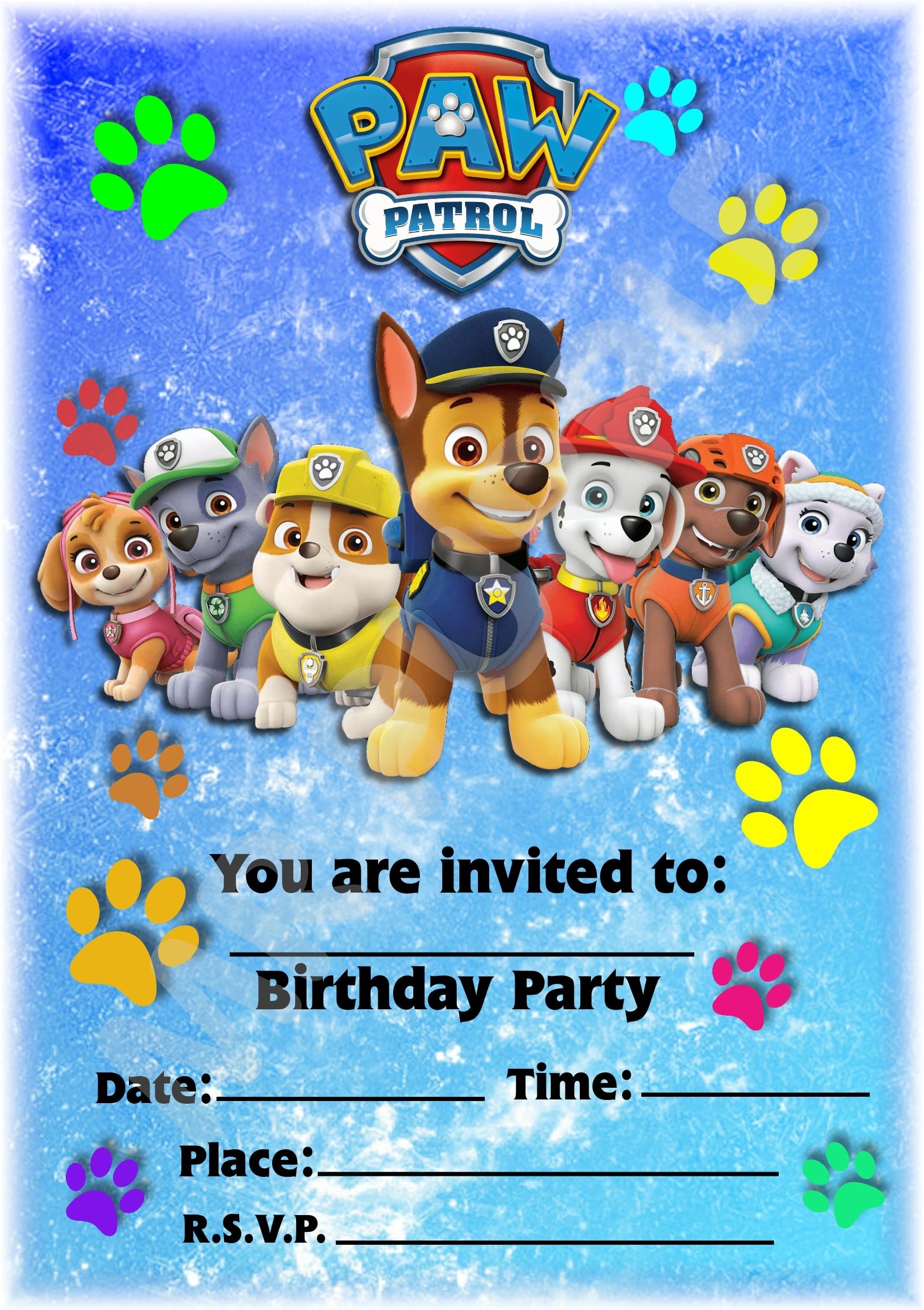 Paw Patrol Party Invites - Rainbow Formation Design - Party Supplies / Accessories (Pack of 12 A5 Invitations) (WITHOUT Envelopes)